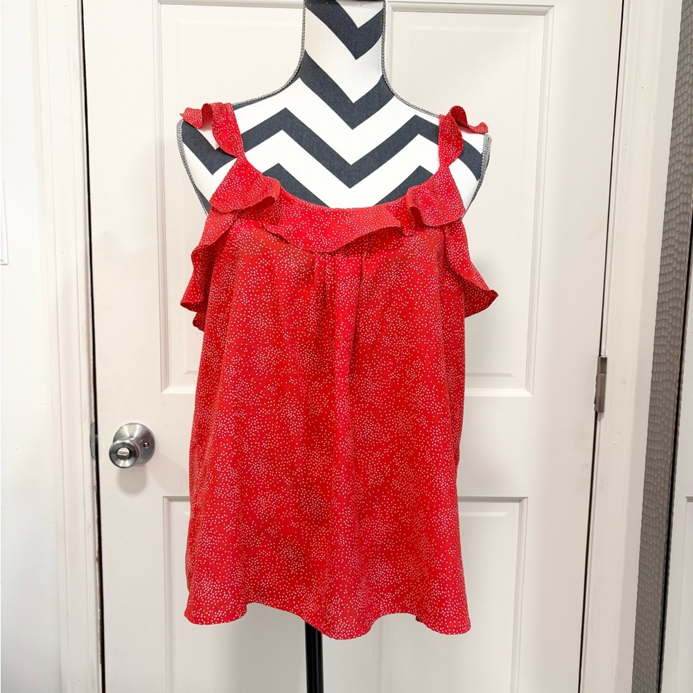 Collective Concepts Flutter Sleeve Tank Top Polka Dot Orange/White Flowy Ruffle‎